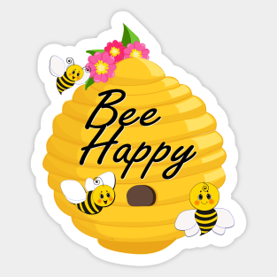 Bee happy with bees, a beehive and flowers Sticker